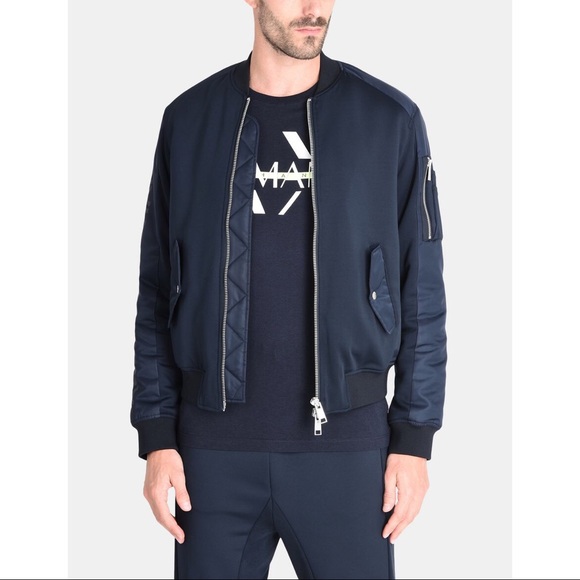 Armani Exchange Men’s Navy Neon Green Lining Neoprene Utility Bomber Jacket - Picture 2 of 15